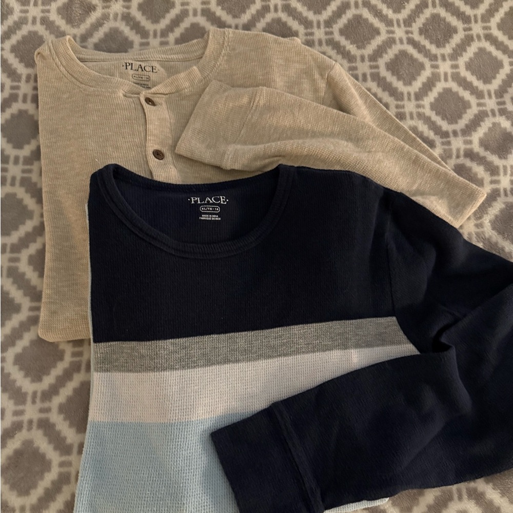 The Children's Place Navy Striped & Beige L/S Thermal Tops, Boys Sz XL, EUC